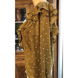Ann Taylor Factory Greenish Mustard Dot Pinafore Sleeveless Blouse Ruffles XS